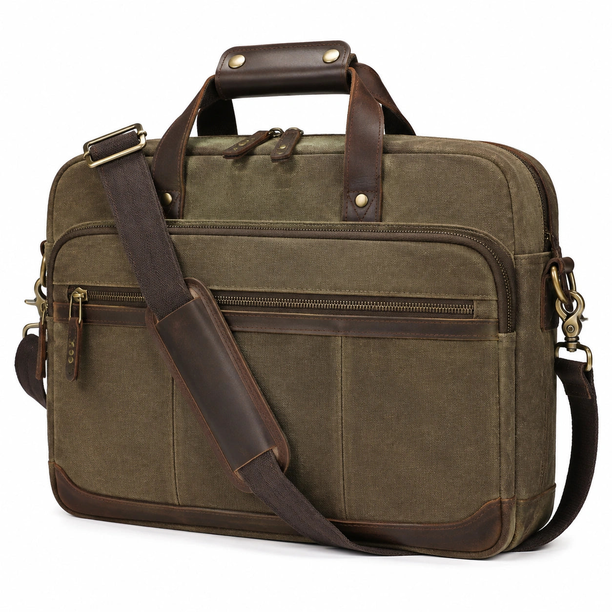 Aktentasche 42 x 12 x 32 cm aus Canvas und Leder olivbraun mit Schultergurt