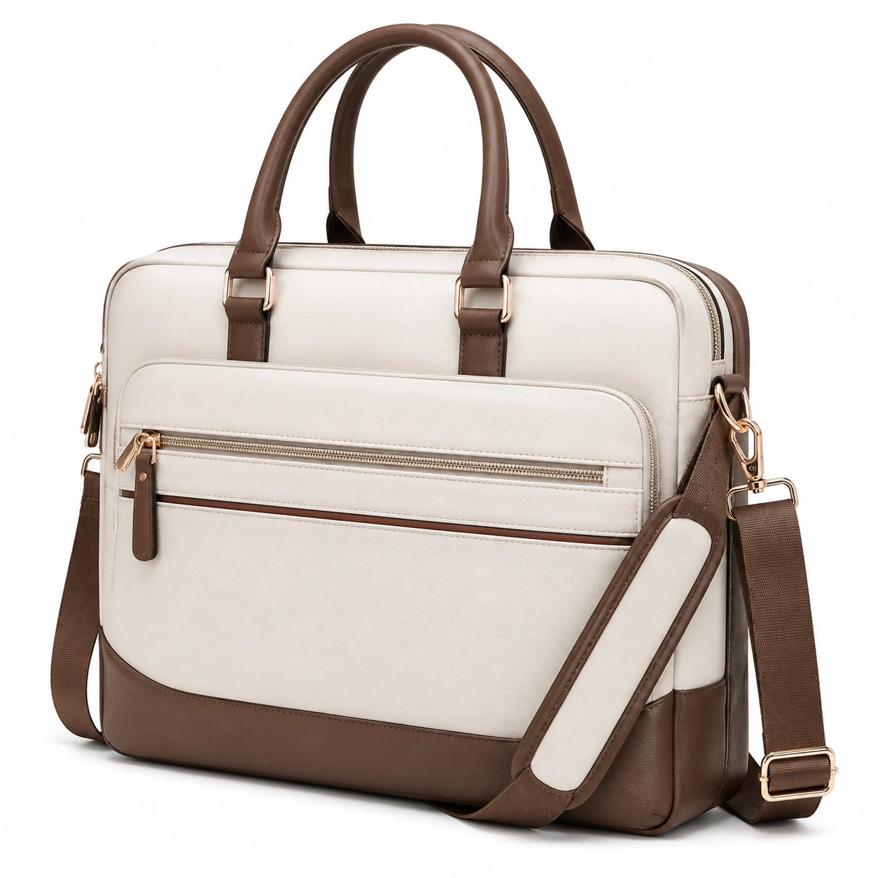 Laptoptasche 40 cm Kunstleder Creme Braun mit Schultergurt und Reißverschluss