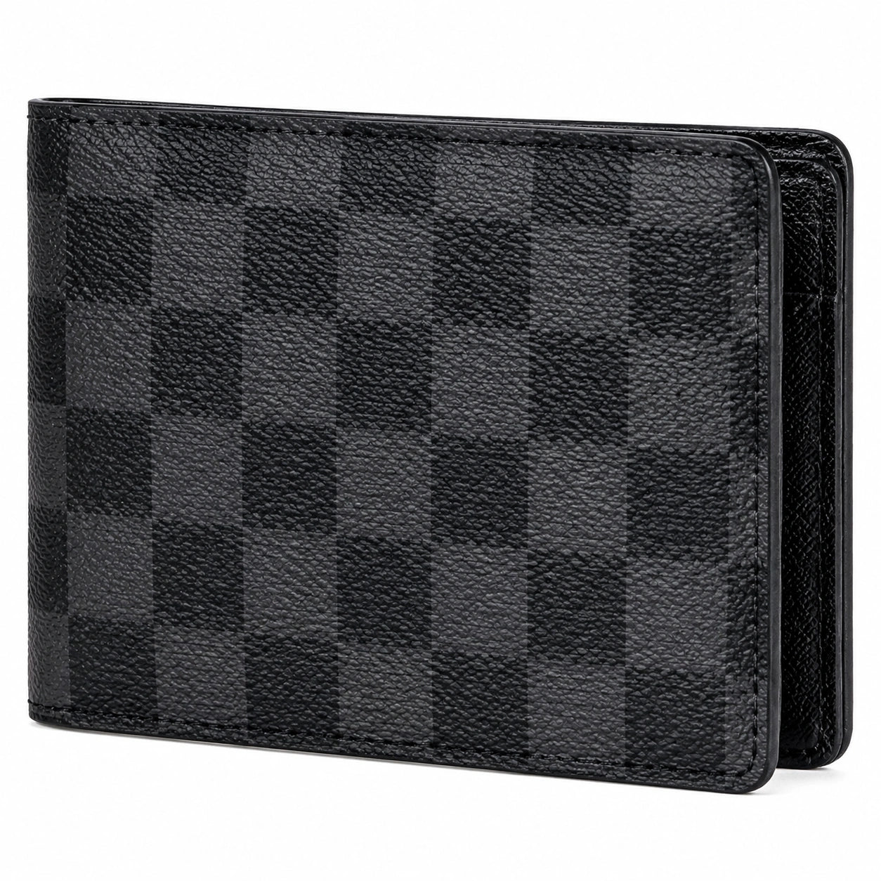 Herren Geldbörse 11.5 x 9.5 cm aus schwarzem Kunstleder mit Karomuster zum Aufklappen