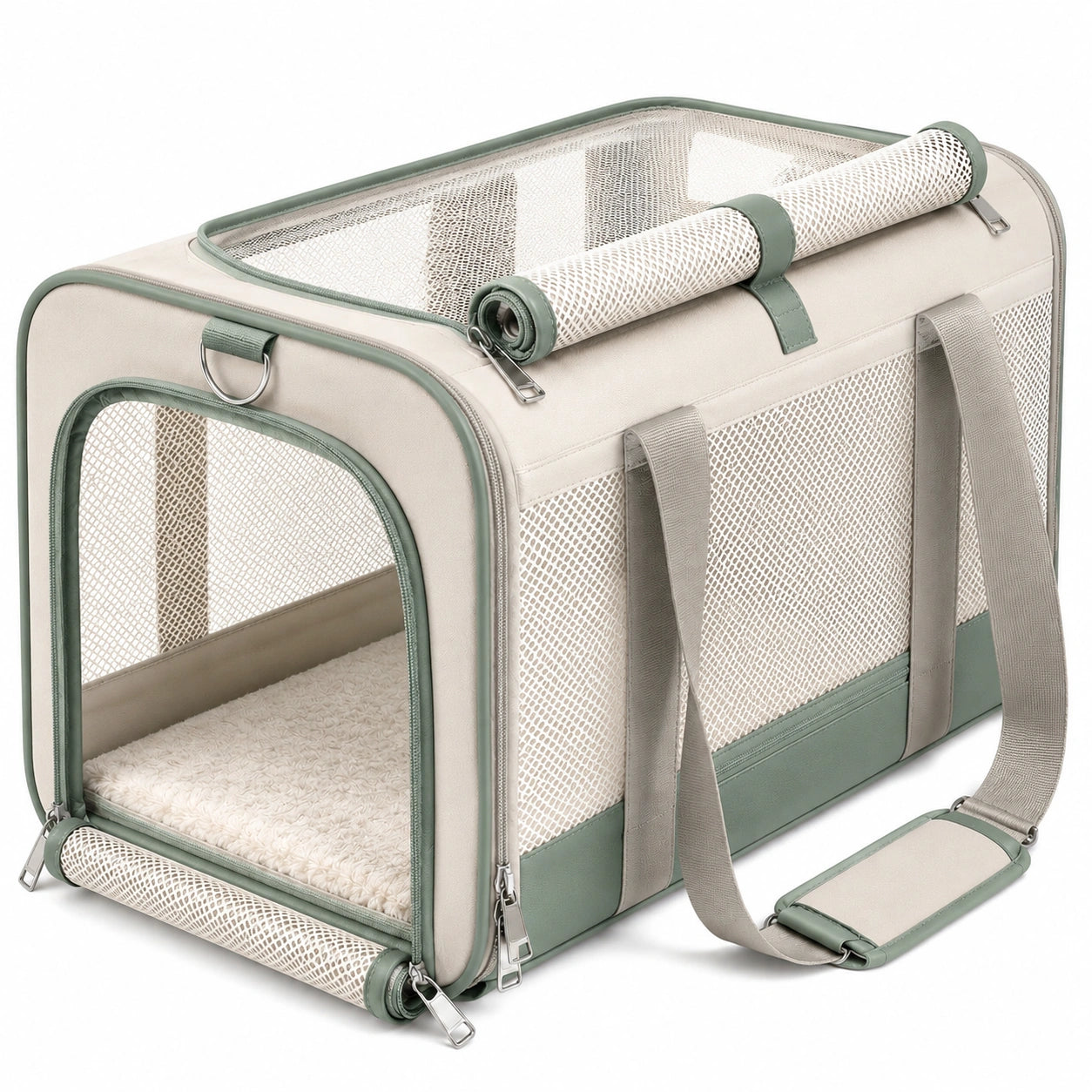 Haustier Transporttasche 45 x 28 x 28 cm Textil Beige Grün faltbar mit Netzfenstern