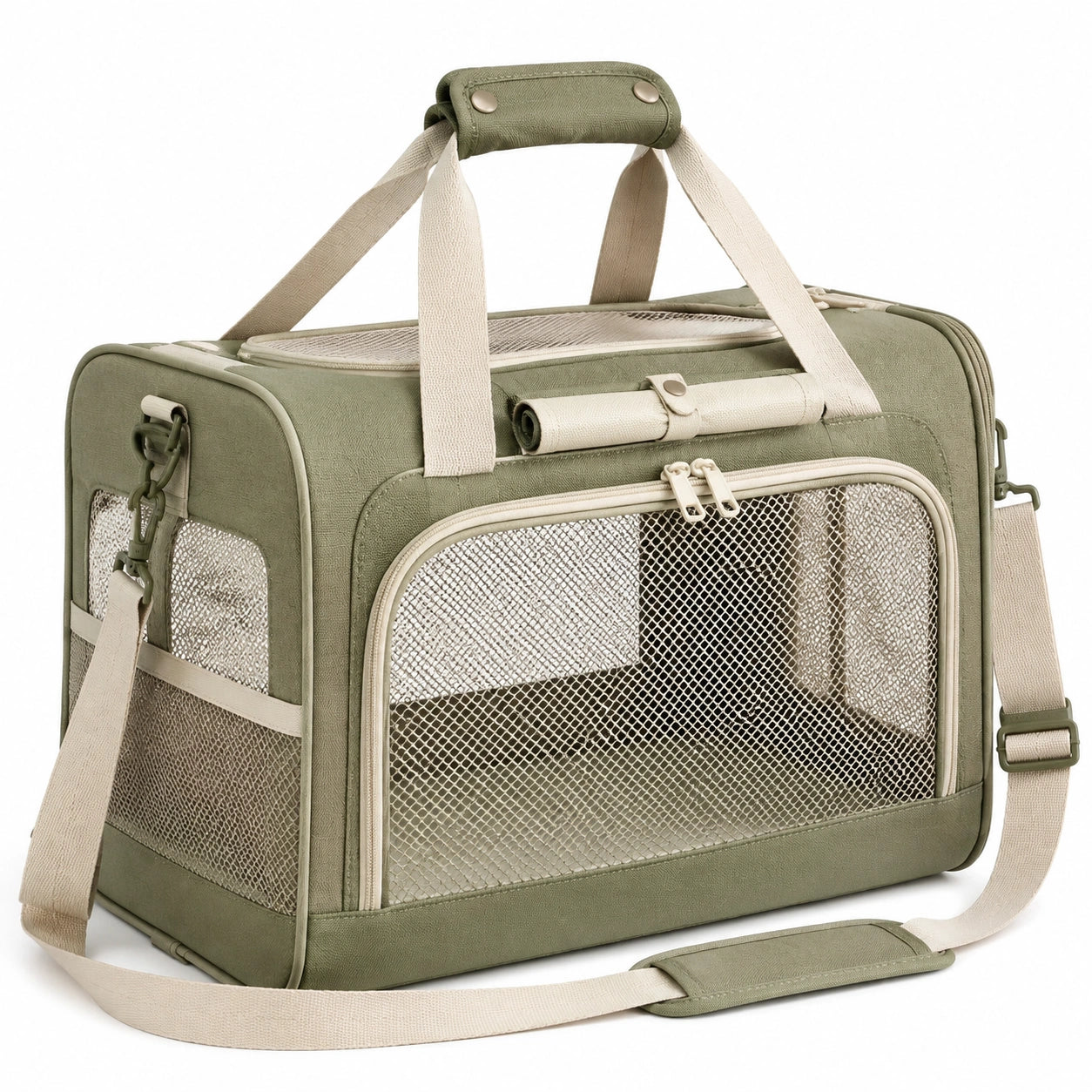 Transporttasche für Haustiere 45 x 28 x 30 cm aus Textil Olivgrün mit Netzfenstern und Schultergurt