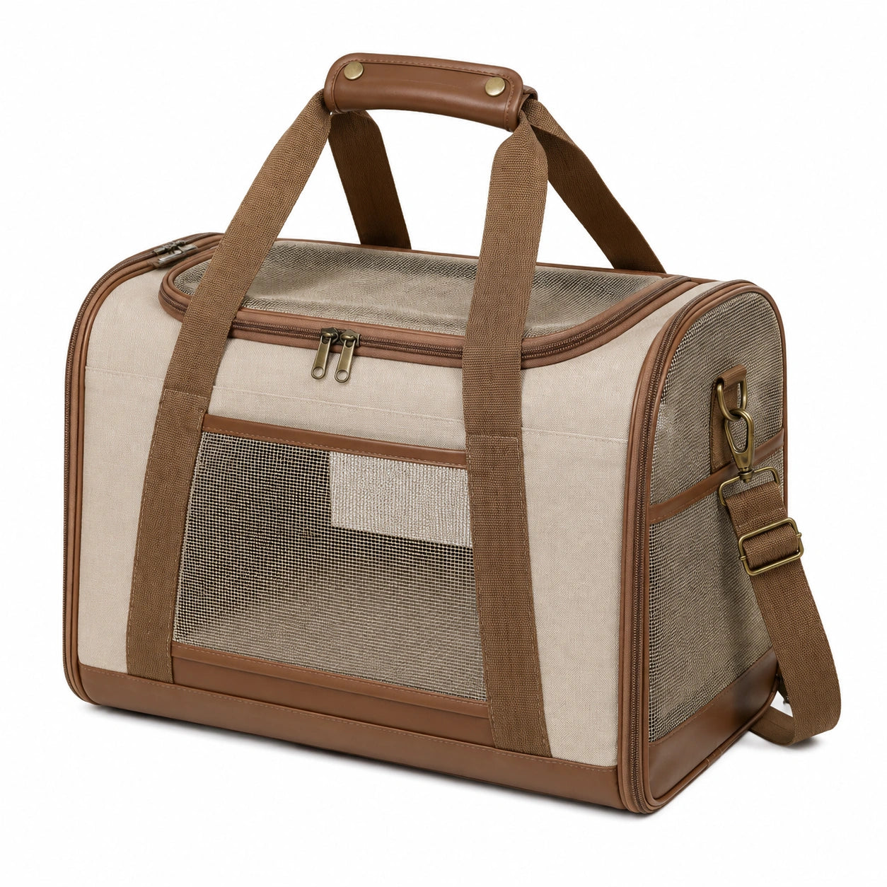 Haustier-Transporttasche 48 x 28 x 30 cm aus Textil in Beige Braun mit Netzfenstern