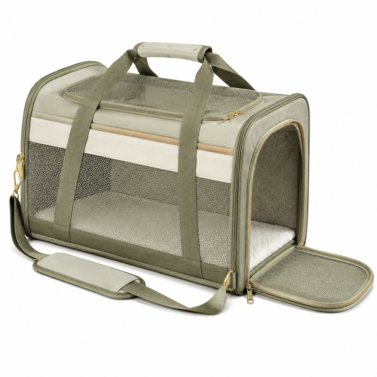 Haustier-Transporttasche 45 x 28 x 28 cm aus Textil und Netzgewebe in Salbeigrün für kleine Haustiere