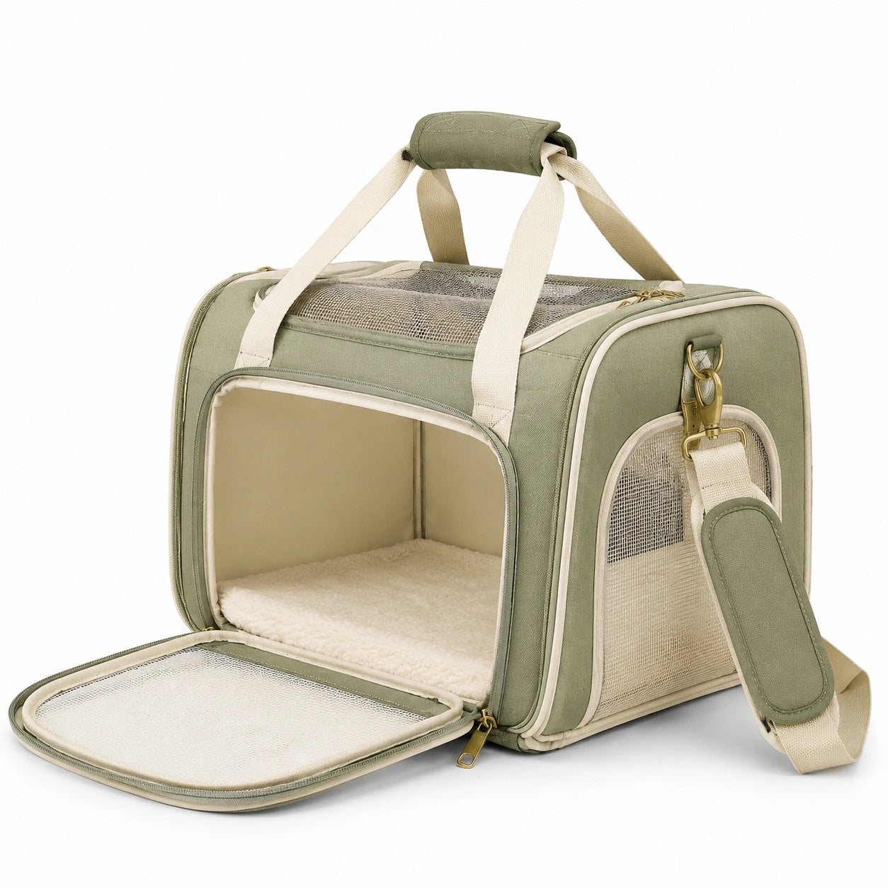 Haustier Transporttasche 45 x 30 x 30 cm Textil Grün mit Netzfenstern und Schultergurt