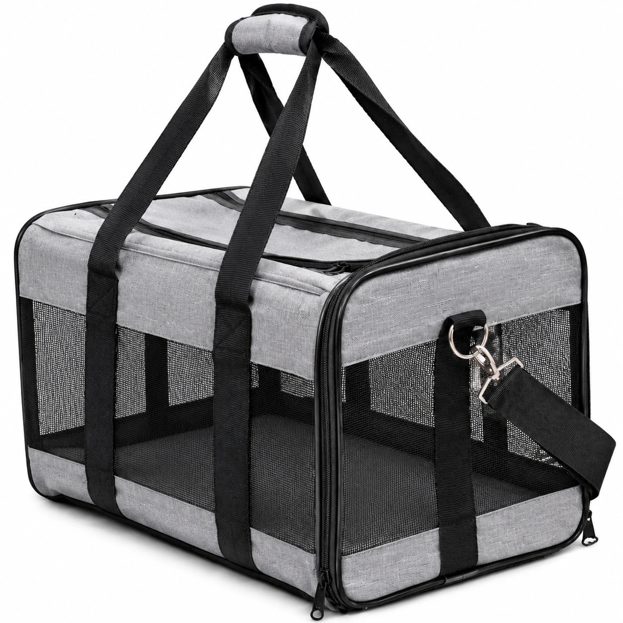Haustier Transporttasche 50 x 30 x 30 cm aus Textil in Grau Schwarz mit Netzfenstern und Schultergurt