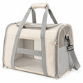 Tiertransporttasche 45 x 28 x 30 cm aus Textil in Beige Grau mit Netzfenstern und Schultergurt