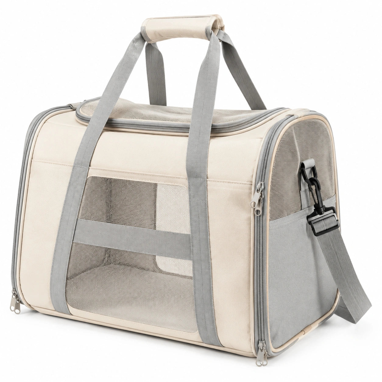 Tiertransporttasche 45 x 28 x 30 cm aus Textil in Beige Grau mit Netzfenstern und Schultergurt