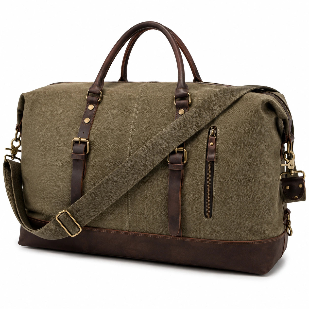 Reisetasche 52 cm aus Canvas und Leder Olivgrün Braun mit Schultergurt im Vintage-Stil