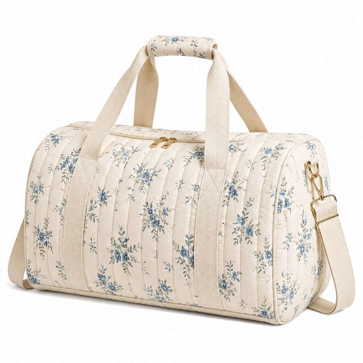 Reisetasche 45 x 25 x 28 cm aus Textil in Cremeblau mit Blumenmuster und Schultergurt