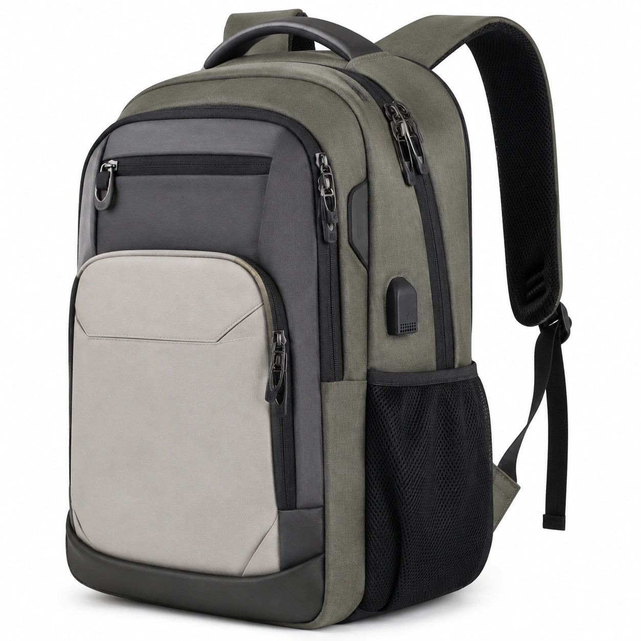 Laptop-Rucksack 46 x 30 x 18 cm Textil Olivgrün Schwarz Grau für Alltag mit USB-Anschluss