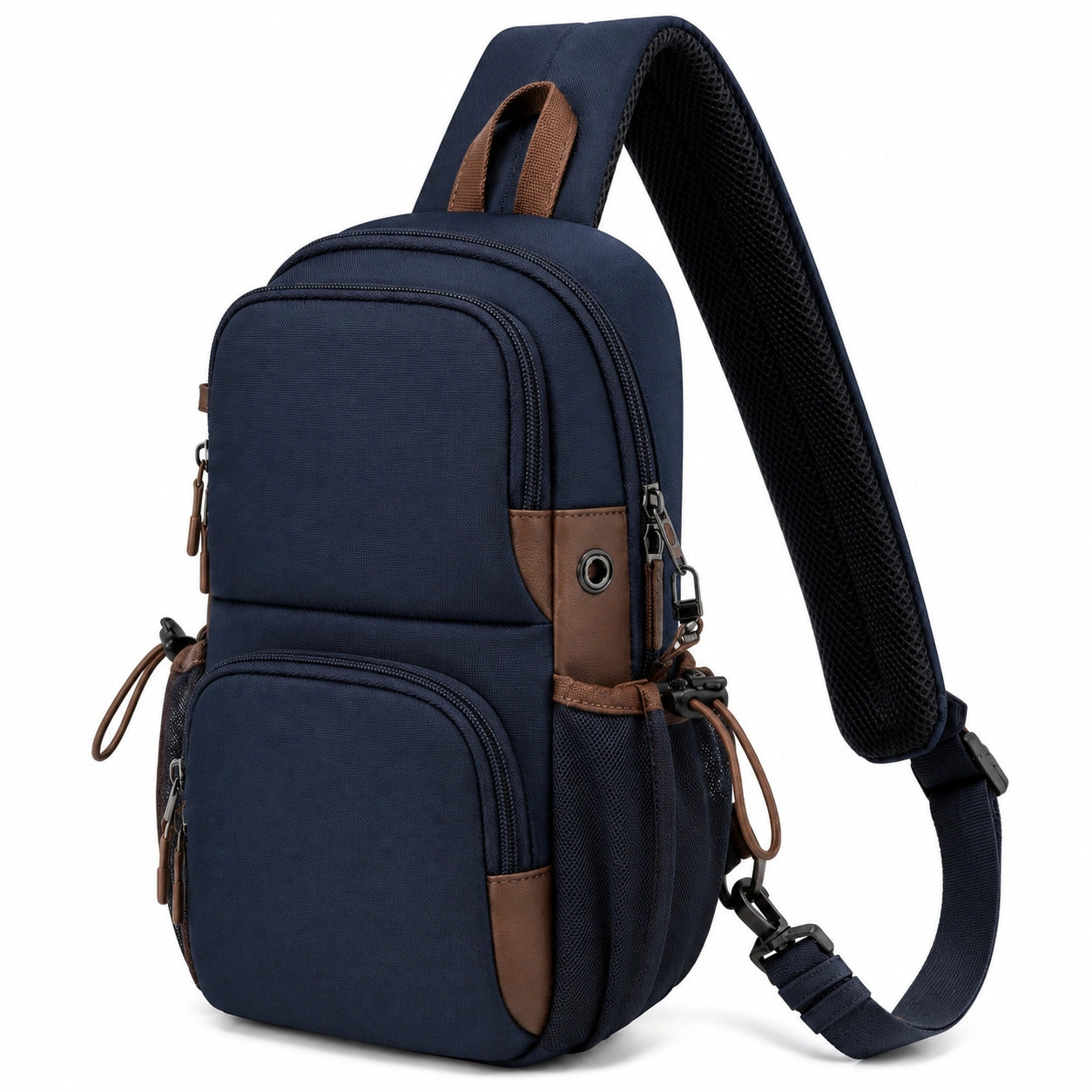 Umhängetasche 18 x 10 x 32 cm Textil Dunkelblau Braun mit Mehrfachfächern für Alltag und Reisen