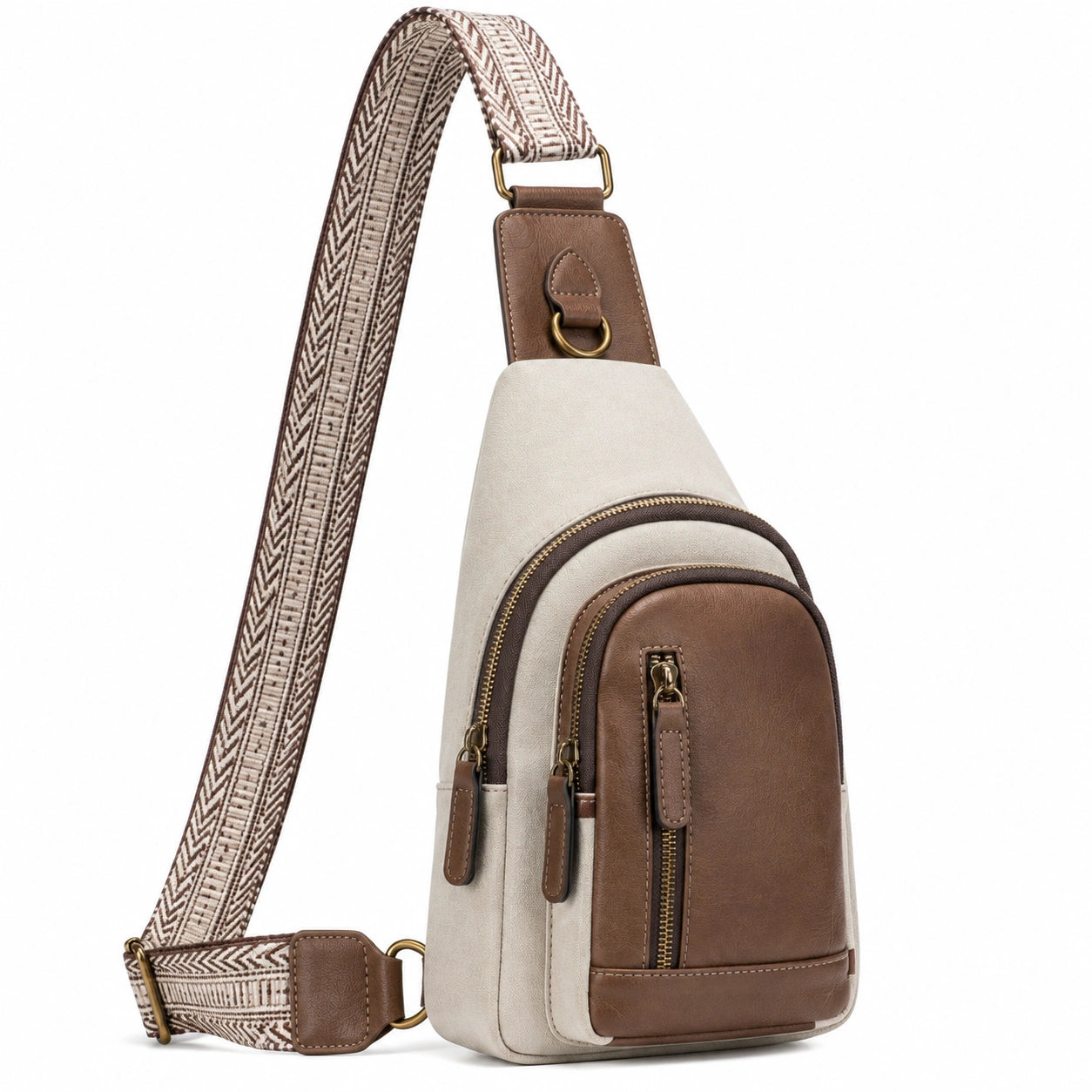Umhängetasche 17 x 8 x 30 cm aus Kunstleder in Beige Braun mit gemustertem Schultergurt